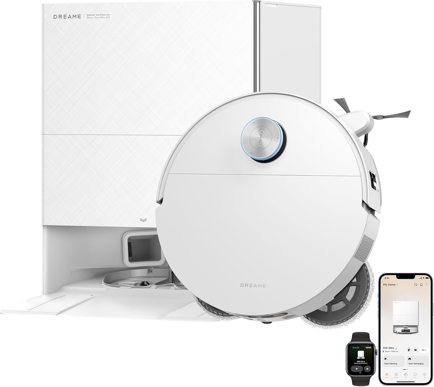 DREAME X60 Ultra Robot Vacuum and Mop, 3.13in Ultra-Thin Design, 3.47in Obstacle Clearing, 35,000Pa Suction, Self Emptying&Refilling, Mop Self-Cleaning, 100% Detangling, 280+Obstacle Avoidance, White