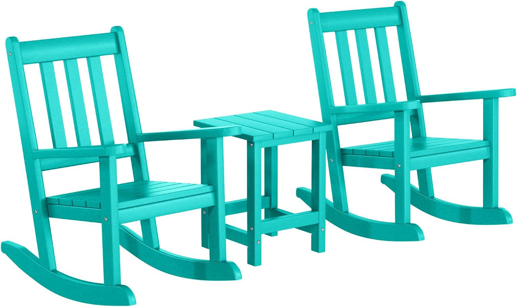 WestinTrends Malibu 3-Piece Kids Outdoor Rocking Chairs Set with Kids Square Side Table, Turquoise