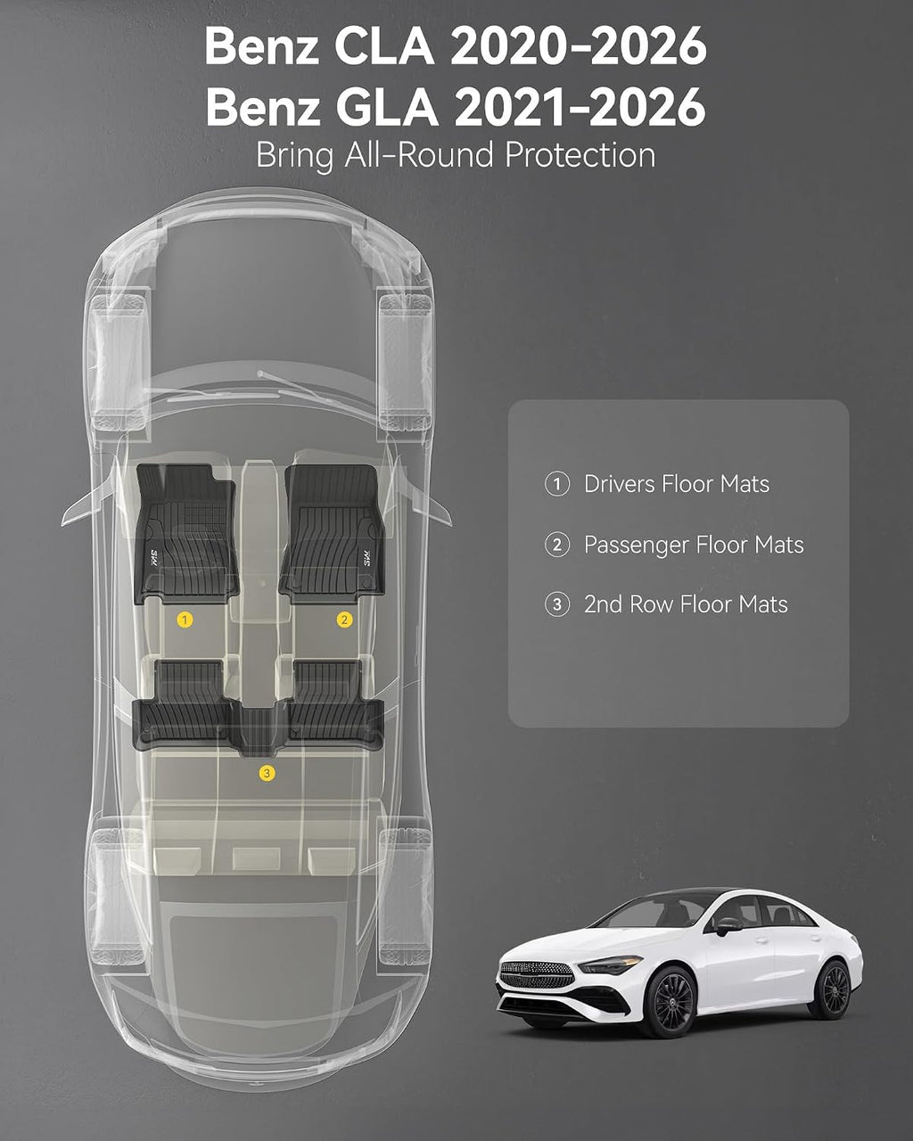3W Floor Mats for Mercedes Benz CLA 250(2020-2026) / GLA 250(2021-2026), TPE All Weather Custom Fit Floor Liner for Benz CLA GLA, TPE All-Weather Custom Fit Car Liners