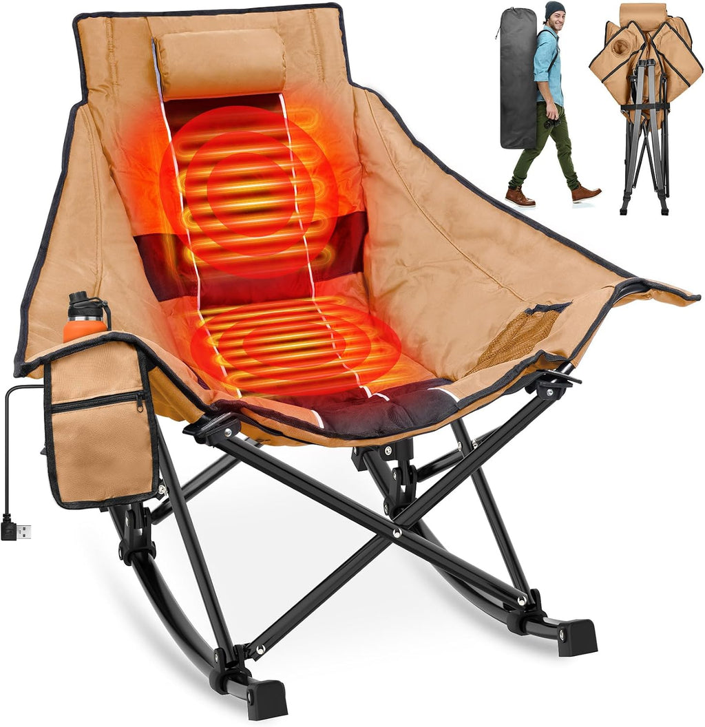 Suteck Heated Rocking Camping Chair - Fully Thicker Padded Heated Chairs for Outdoor Sports W/3 Heat Levels for Back & Seat, Heated Folding Chair for Adults with Carry Bag- Battery NOT Included