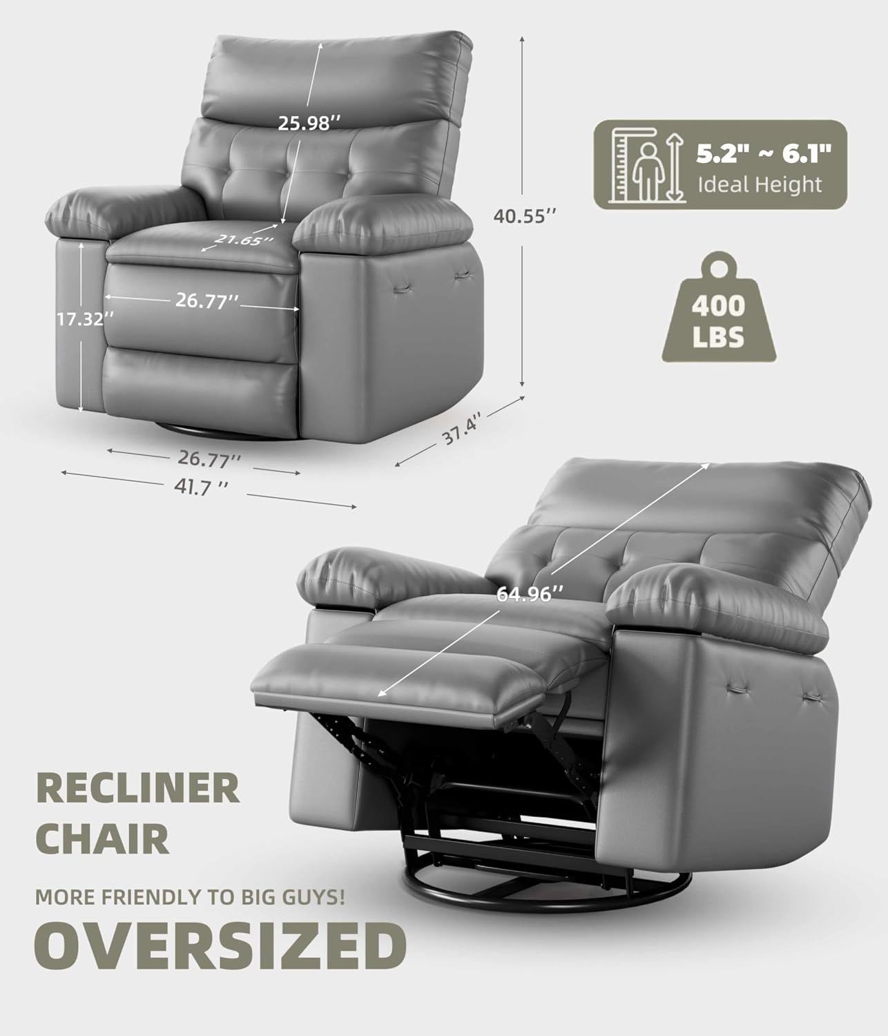 Garvee Oversized Wide Rocker Swivel Recliner Chair - PU Leather Manual Recliner for Adults, Large Nursery Glider Chair Lazy Recliner with Comfort Arm and Back for Living Room, Bedroom