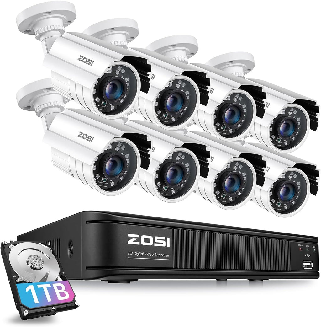 ZOSI 1080p HD Home Security Camera System Outdoor Indoor, H.265+ 8 Channel 5MP-Lite DVR with AI Human Vehicle Detection, 8 x Weatherproof Surveillance CCTV Bullet Cameras, 80ft Night Vision, 1TB HDD