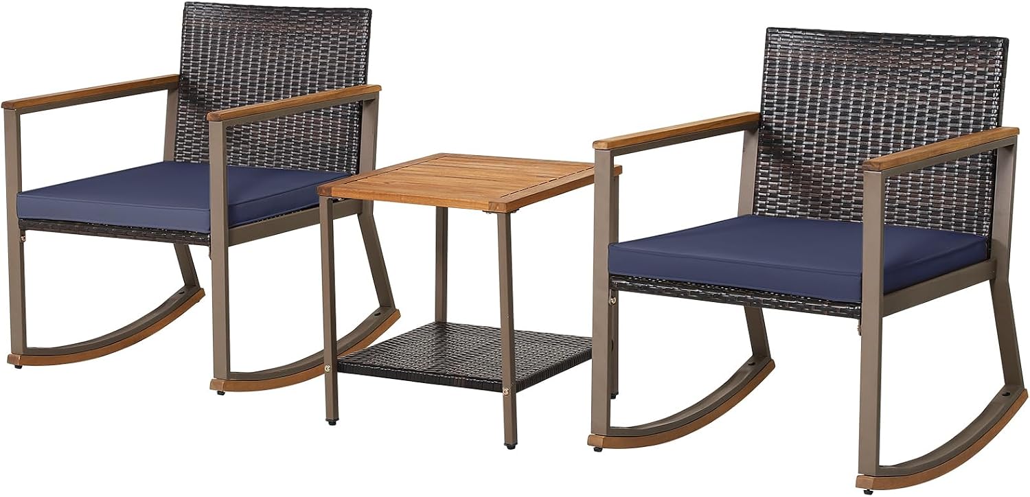 Outdoor Rocking Chair Set, 3 Pieces Patio Set with Rocking Chair, Coffee Table & Cushions, Patio Wicker Furniture Set for Balcony, Porch & Backyard (Navy Blue)