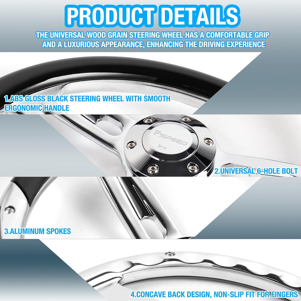 14 inch steering wheel,Classic black Grain grip 3 Spokes 6 Bolt Chrome-Plated aluminum 50mm Deep Dish with horn Fit for Cars,for Vintage Car,Classic Car,D-shaped steering wheel