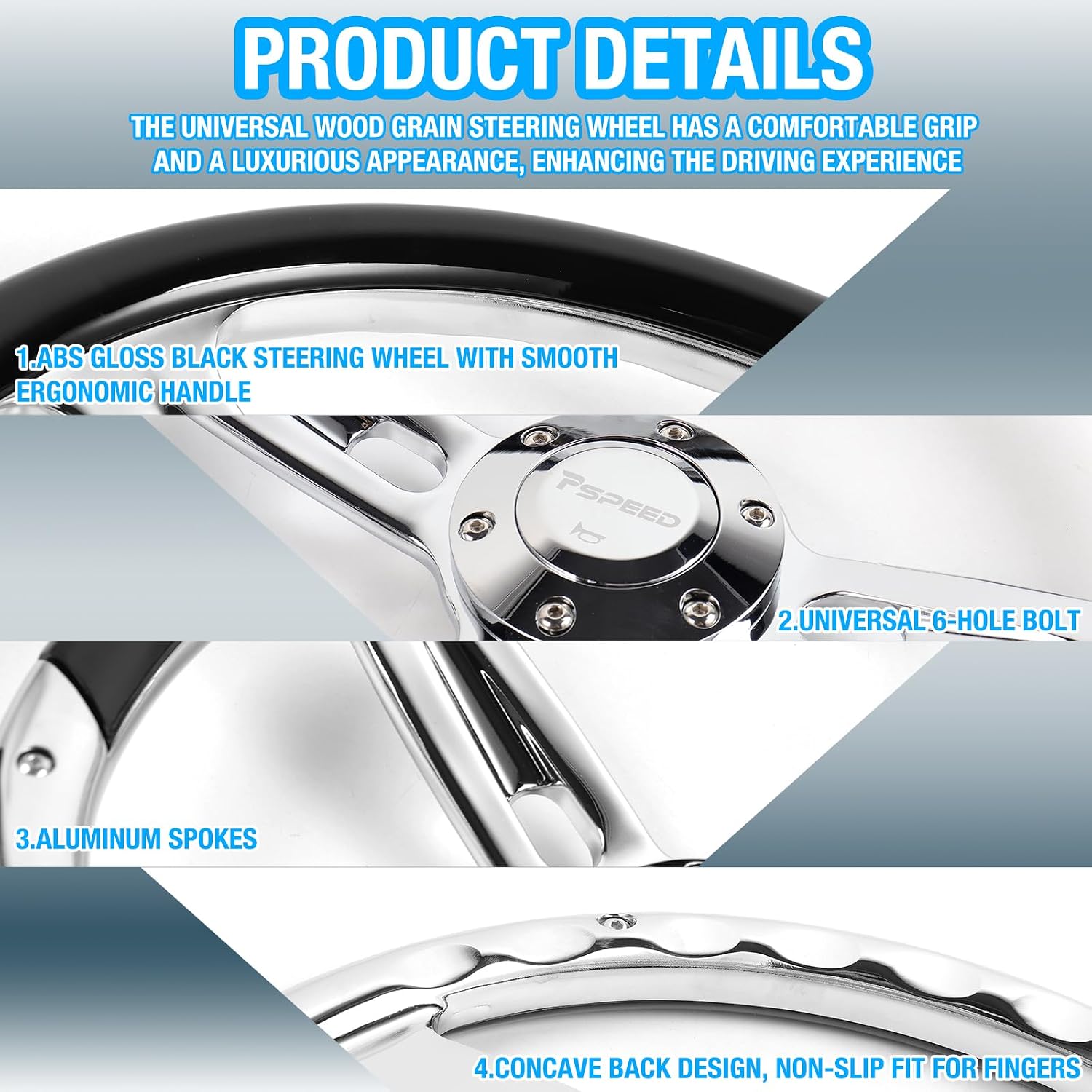 14 inch steering wheel,Classic black Grain grip 3 Spokes 6 Bolt Chrome-Plated aluminum 50mm Deep Dish with horn Fit for Cars,for Vintage Car,Classic Car,D-shaped steering wheel