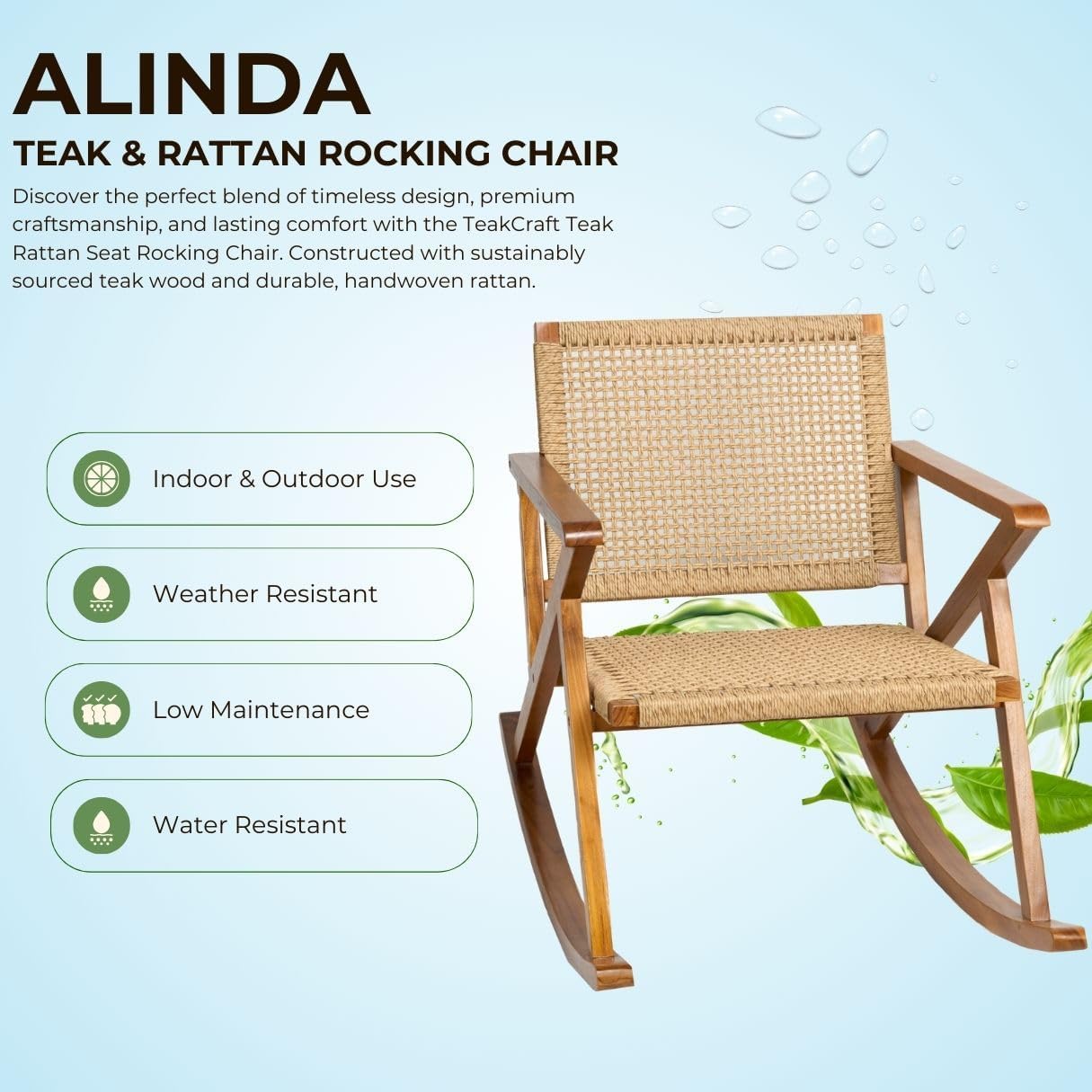 TeakCraft Teak Rocking Chair with Rattan Seat for Adults, Indoor & Outdoor Rocking Chair, Accent Chair, Durable for Patio, Porch, Garden, Living Room, Nursery, Balcony, All Season, The Alinda