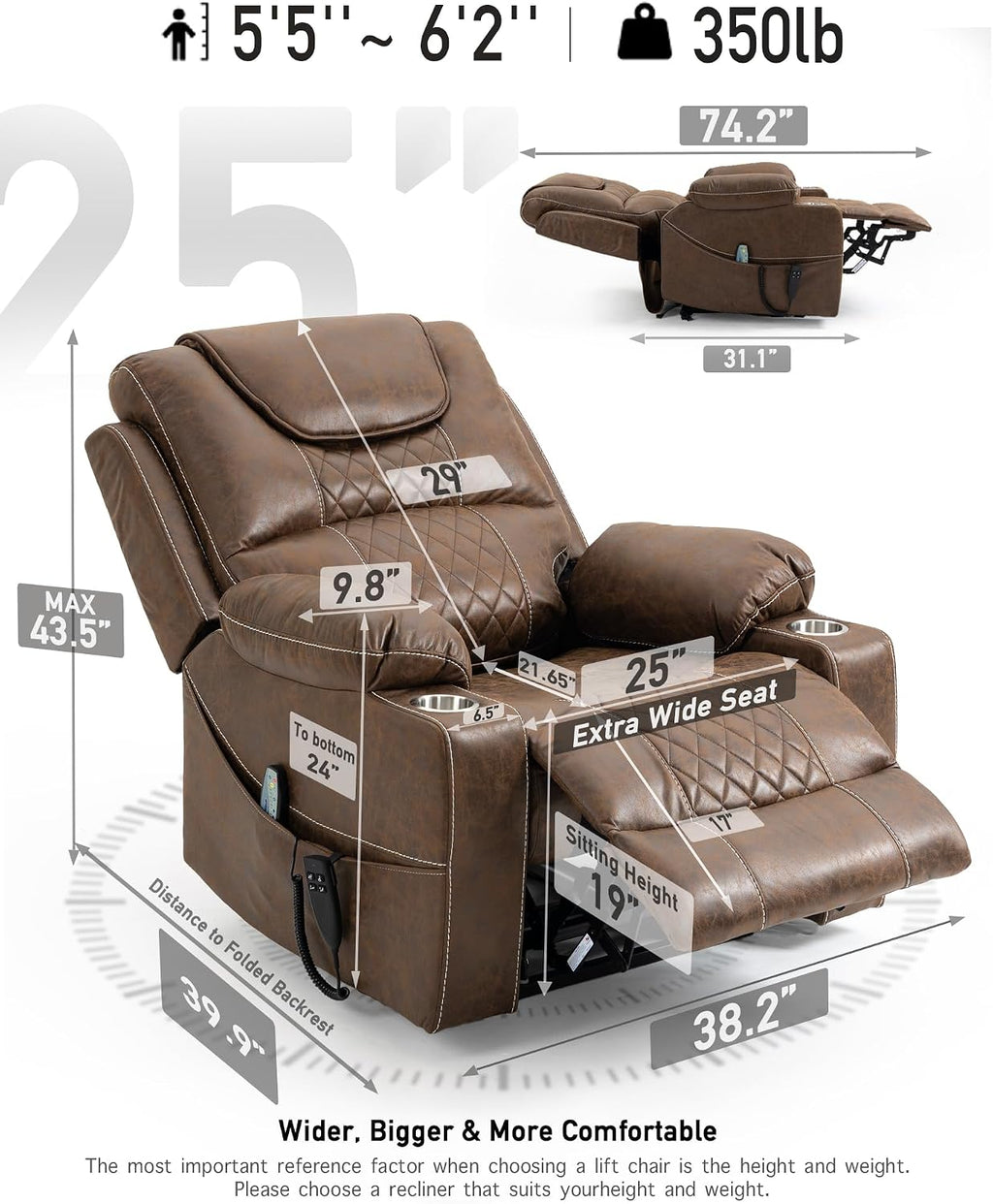 Oversized Lazy Boy Recliner Chair, 2 Motor Leather Recliner, Nursing Lift Chair with Massage and Lumbar Heating, Functional Adult Power Recliner with Cup Holders