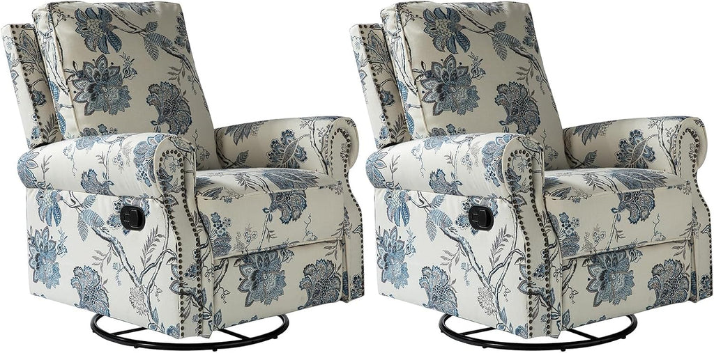 HULALA Home Rocker Recliner Set of 2, Modern Printed Fabric Swivel Glider w/Adjustable Backrest & Footrest, JEACOBEAN