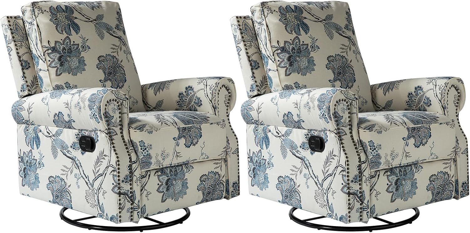 HULALA Home Rocker Recliner Set of 2, Modern Printed Fabric Swivel Glider w/Adjustable Backrest & Footrest, JEACOBEAN