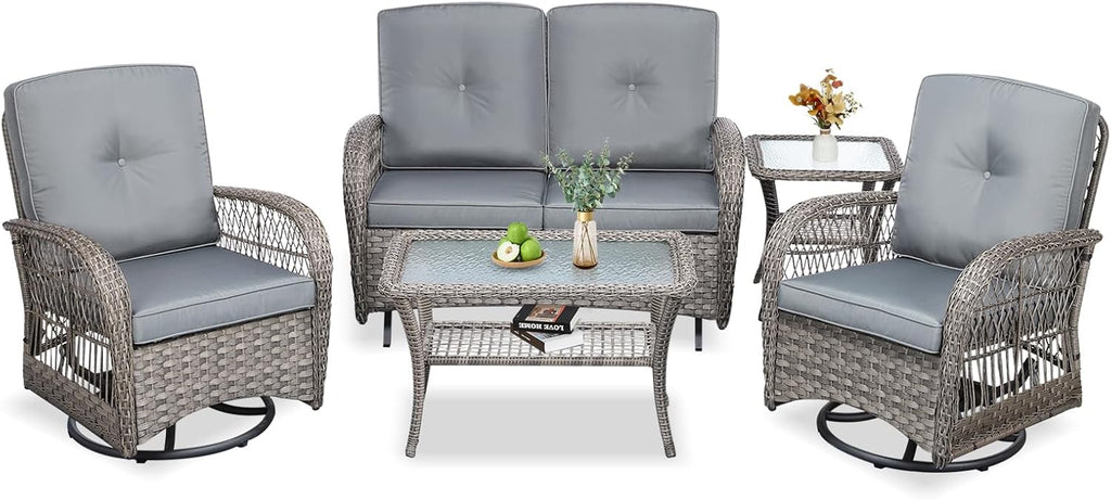 VIVIJASON 5-Piece Outdoor Patio Wicker Conversation Sets, All Weather Outdoor Rattan Furniture Set Includes Glider Loveseat, 2 Coffee Table, 2 Swivel-Gliders Chairs with Cushions, Grey