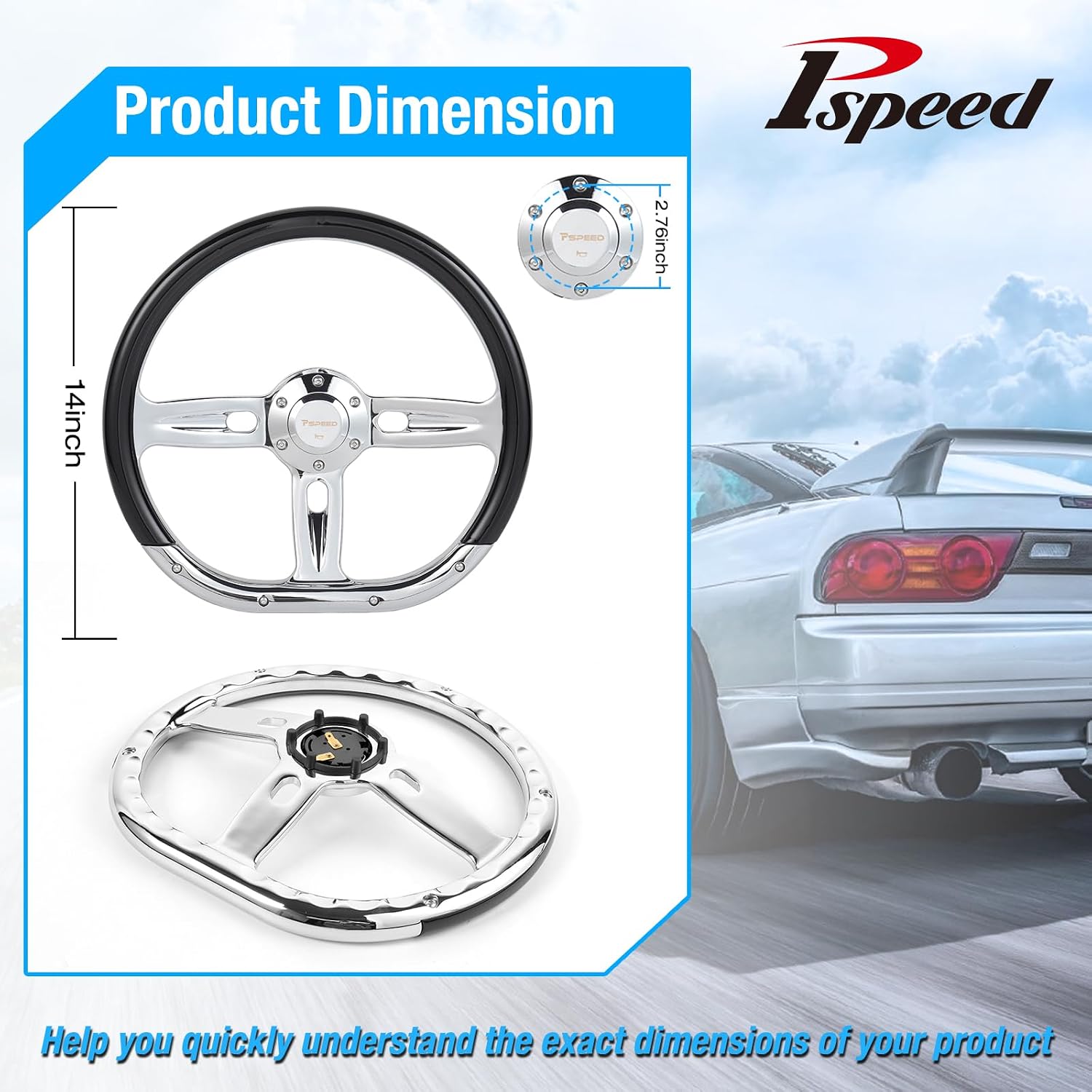 14 inch steering wheel,Classic black Grain grip 3 Spokes 6 Bolt Chrome-Plated aluminum 50mm Deep Dish with horn Fit for Cars,for Vintage Car,Classic Car,D-shaped steering wheel