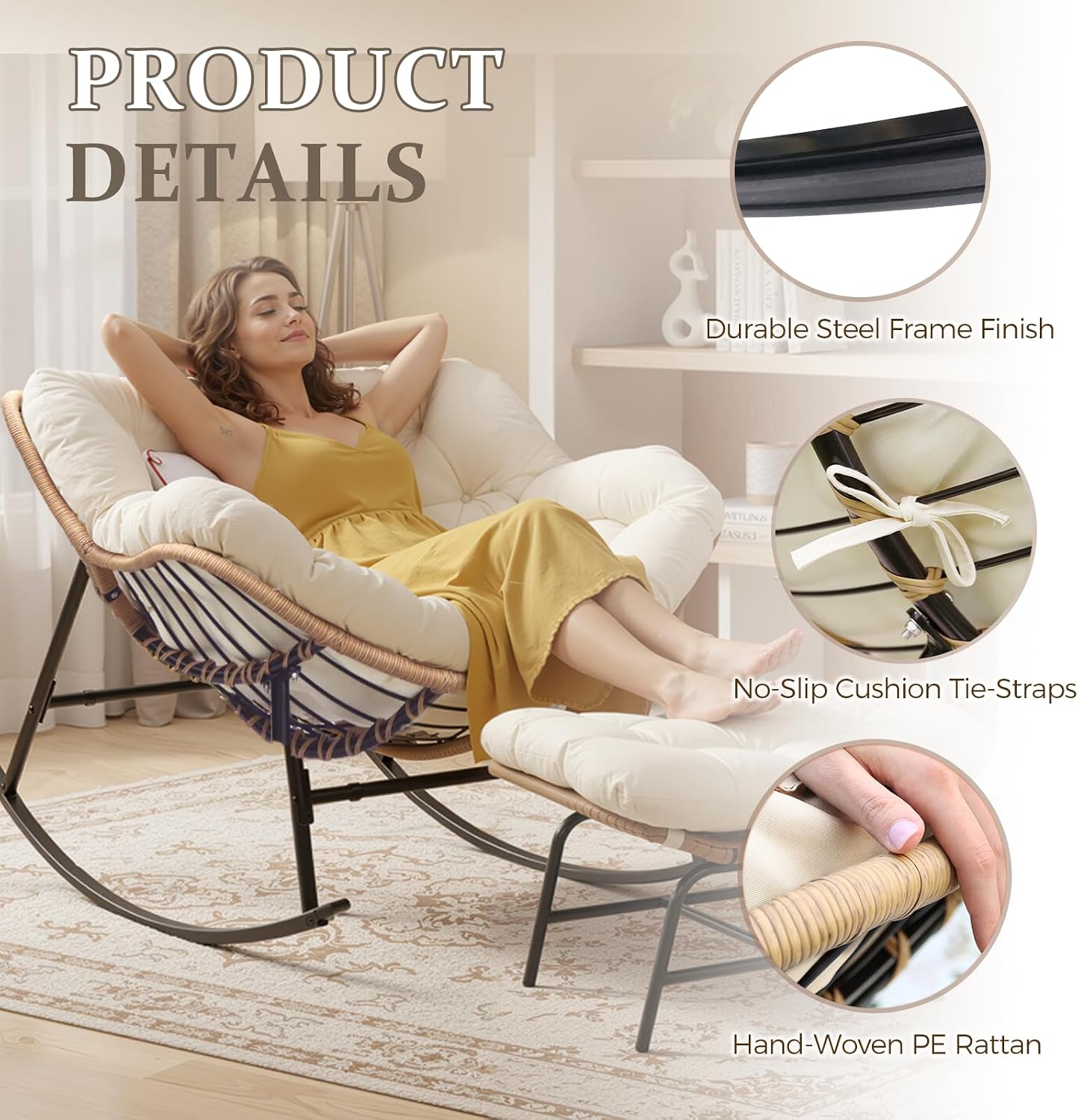 FINCATI 2 PCS Indoor Outdoor Oversized Rocking Chair, 450 lbs Large Comfy Papasan w/Cushion and Frame, Cozy Patio Wicker Egg Rocker, Reading Padded Glider for Balcony Porch Garden Living Room, Beige