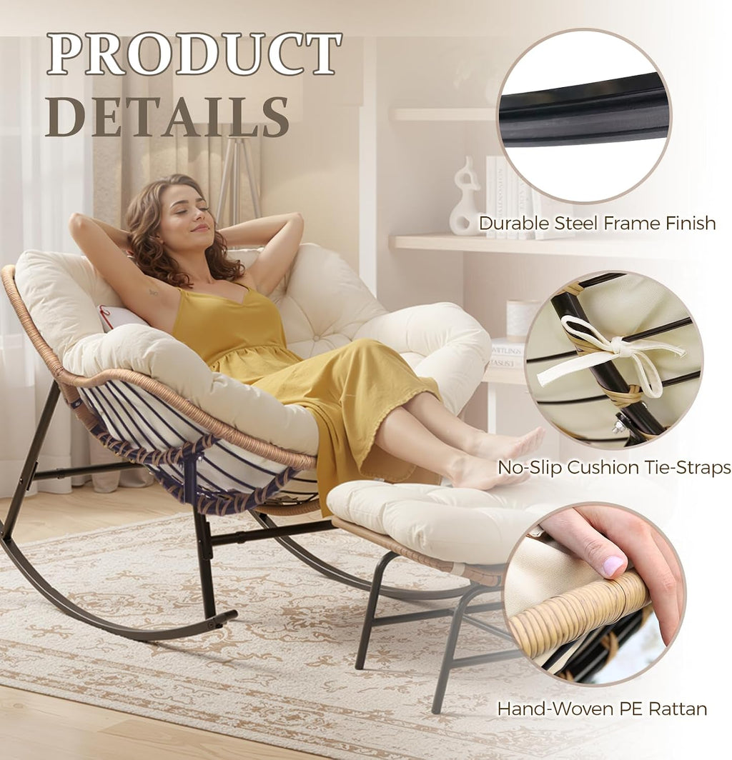FINCATI 2 Person Egg Rocking Chair with Ottoman and Cushion, Double Large Wide Oversized Papasan Lounge Chairs, PE Wicker Comfy Loveseat, Reading Glider for Indoor Outdoor Balcony Living Room, Beige