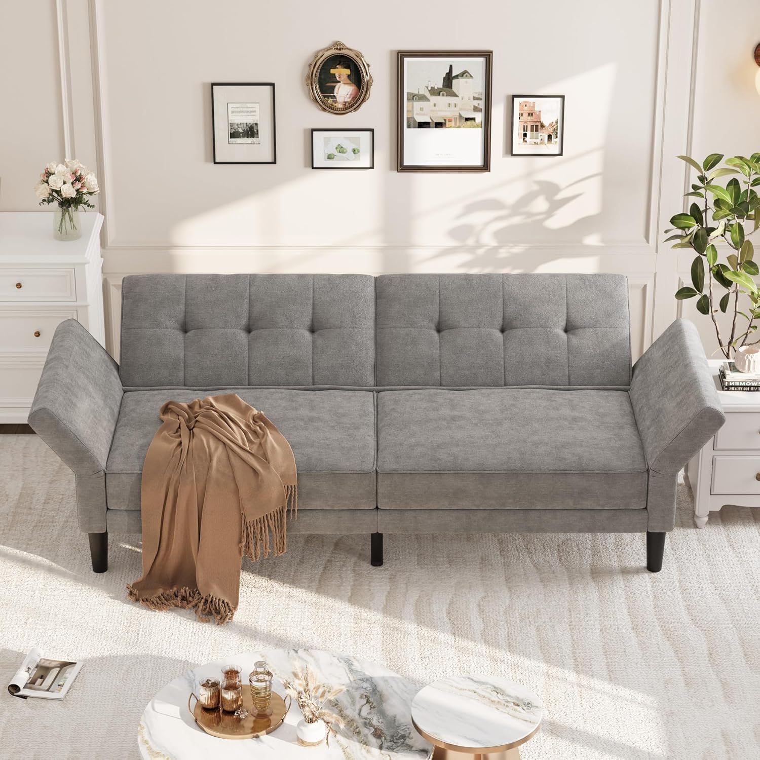 GarveeHome 89' Futon Sofa Bed, Convertible Sleeper Sofa with Adjustable Backrest & Armrest, Modern Futon Couch Bed, Loveseat Sleeper for Living Room Bedroom Apartments, Grey