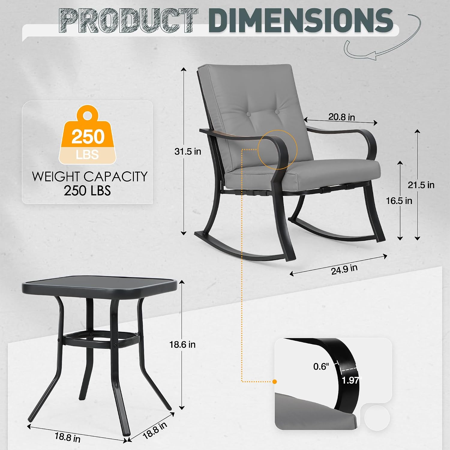 Incbruce 3 Piece Patio Bistro Set Outdoor Rocking Chairs Set, Porch Patio Conversation Chairs Set of 2 with Glass-Top Coffee Table (Grey Thickened Cushion)