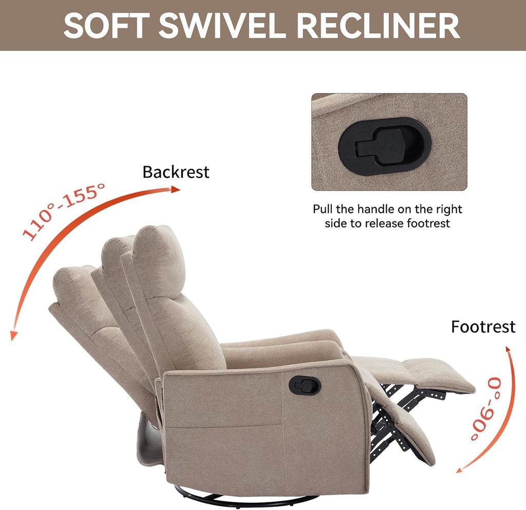 Anwick 360° Swivel Rocker Recliner Chair with Heat and Massage, Manual Upholstered Recliner for Small Spaces, Fabric Glider Nursery Chair with Side Pockets for Living Room (Khaki)
