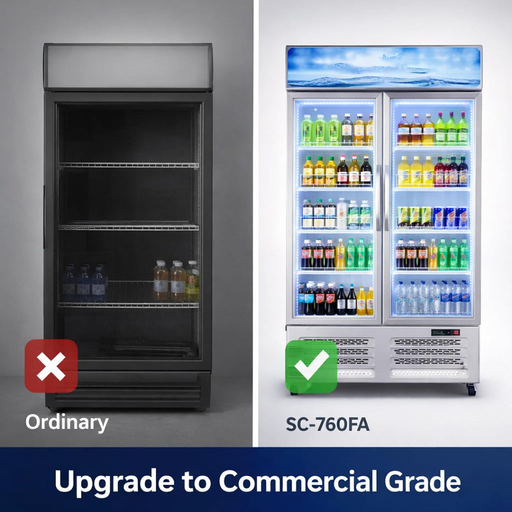 GAOMON Commercial Merchandiser Refrigerator - 25.3 Cu Ft Beverage Cooler with Glass Doors, LED Lightbox & Universal Casters for Convenience Stores, Bars, White