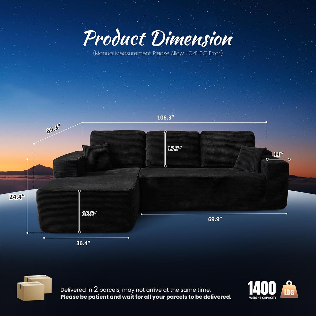 ovios 104' Cloud Boneless Couch with Glitter Fabric, Moudular Sectional Sofa with Deep Seat, No Assembly Required, Modern Minimalist L Shaped Couches with Chaise for Living Room, Black