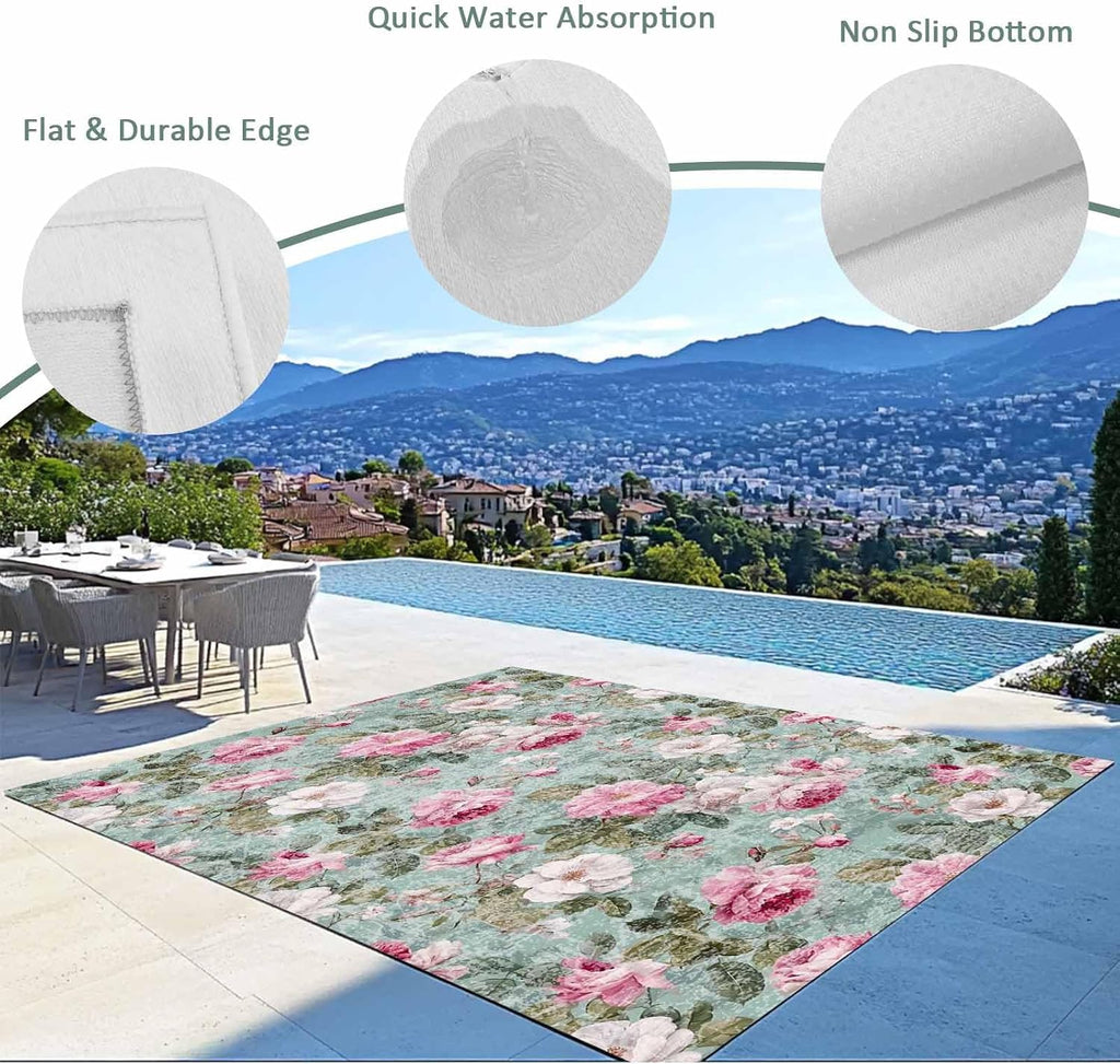 Vintage Spring Floral Outdoor Rug for Patio/Deck/Porch, Non-Slip Large Area Rug 5 x 8 Ft, Botanical Summer Pink Green Indoor Outdoor Rugs Washable Area Rugs, Reversible Camping Rug Carpet Runner