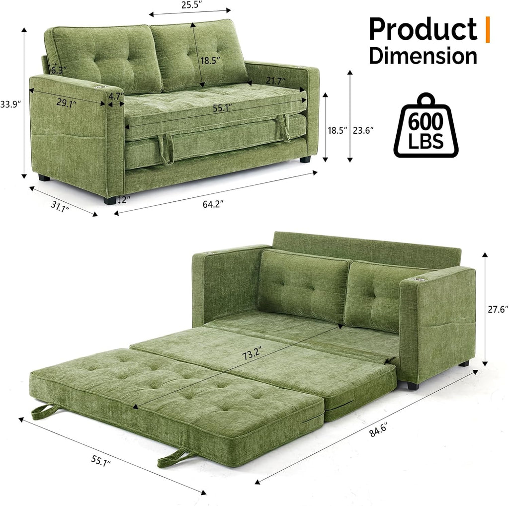 VINGLI Sofa Bed Full Size Pull Out Couch Bed Olive Green Futon Couch 64' W 84' L Loveseat Sleeper Floor Couches for Living Room Convertible Loveseat Sofa Foldable Sofa Bed