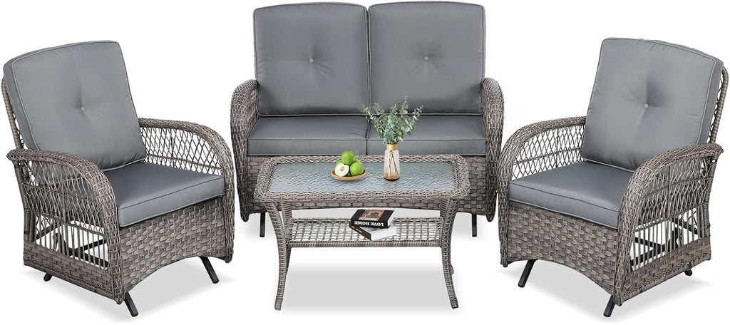 VIVIJASON 4-Piece Outdoor Patio Wicker Conversation Sets, All Weather Outdoor Rattan Furniture Set Includes Glider Loveseat, Coffee Table, 2 Glider Rocker Chairs w/Cushion for Lawn Balcony, Grey