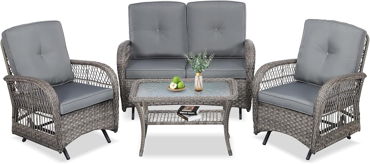 VIVIJASON 4-Piece Outdoor Patio Wicker Conversation Sets, All Weather Outdoor Rattan Furniture Set Includes Glider Loveseat, Coffee Table, 2 Glider Rocker Chairs w/Cushion for Lawn Balcony, Grey