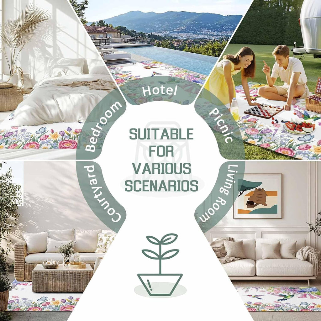 Watercolor Flowers Outdoor Rug for Patio/Deck/Porch, Non-Slip Large Area Rug 4 x 6 Ft, Spring Hummingbird Butterflly Floral Indoor Outdoor Rugs Washable Area Rugs, Reversible Camping Rug Carpet Runner