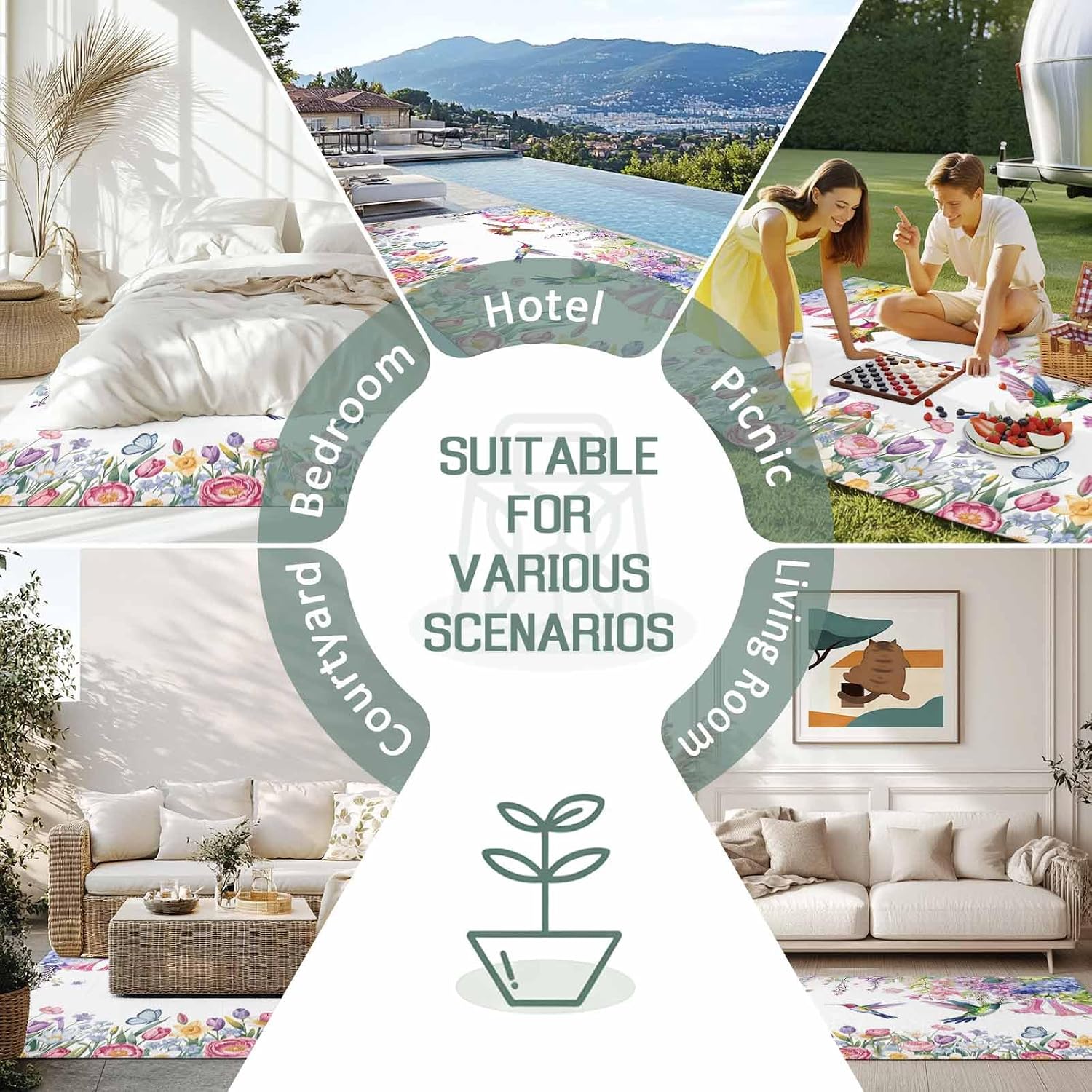 Watercolor Flowers Outdoor Rug for Patio/Deck/Porch, Non-Slip Large Area Rug 4 x 6 Ft, Spring Hummingbird Butterflly Floral Indoor Outdoor Rugs Washable Area Rugs, Reversible Camping Rug Carpet Runner