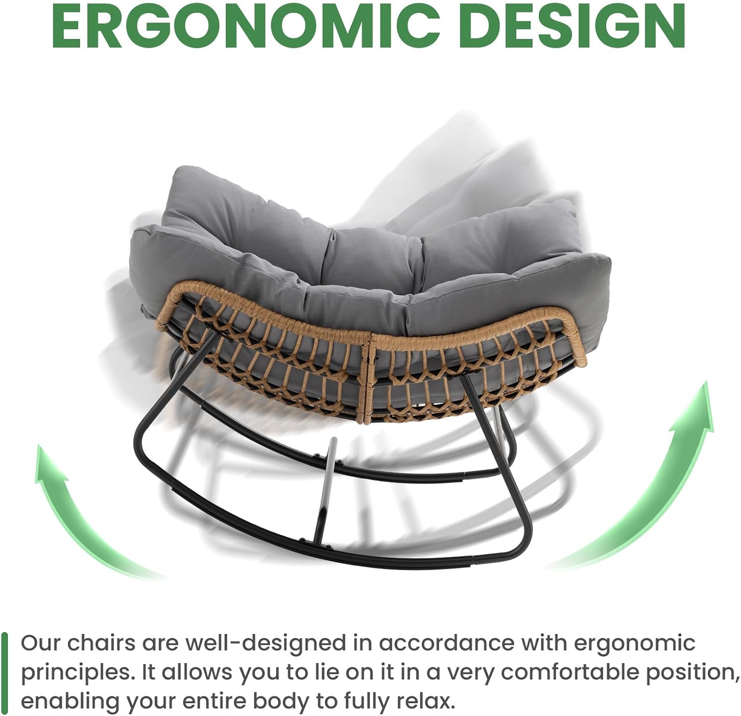 SUNBURY Rocking Chair, Rattan Wicker Egg Chair with Thick Cushion - 45 in Oversized Papasan Chair for Indoor/Outdoor, 330lbs Weight Capacity, Modern Boho Patio/Backyard/Living Room Seating