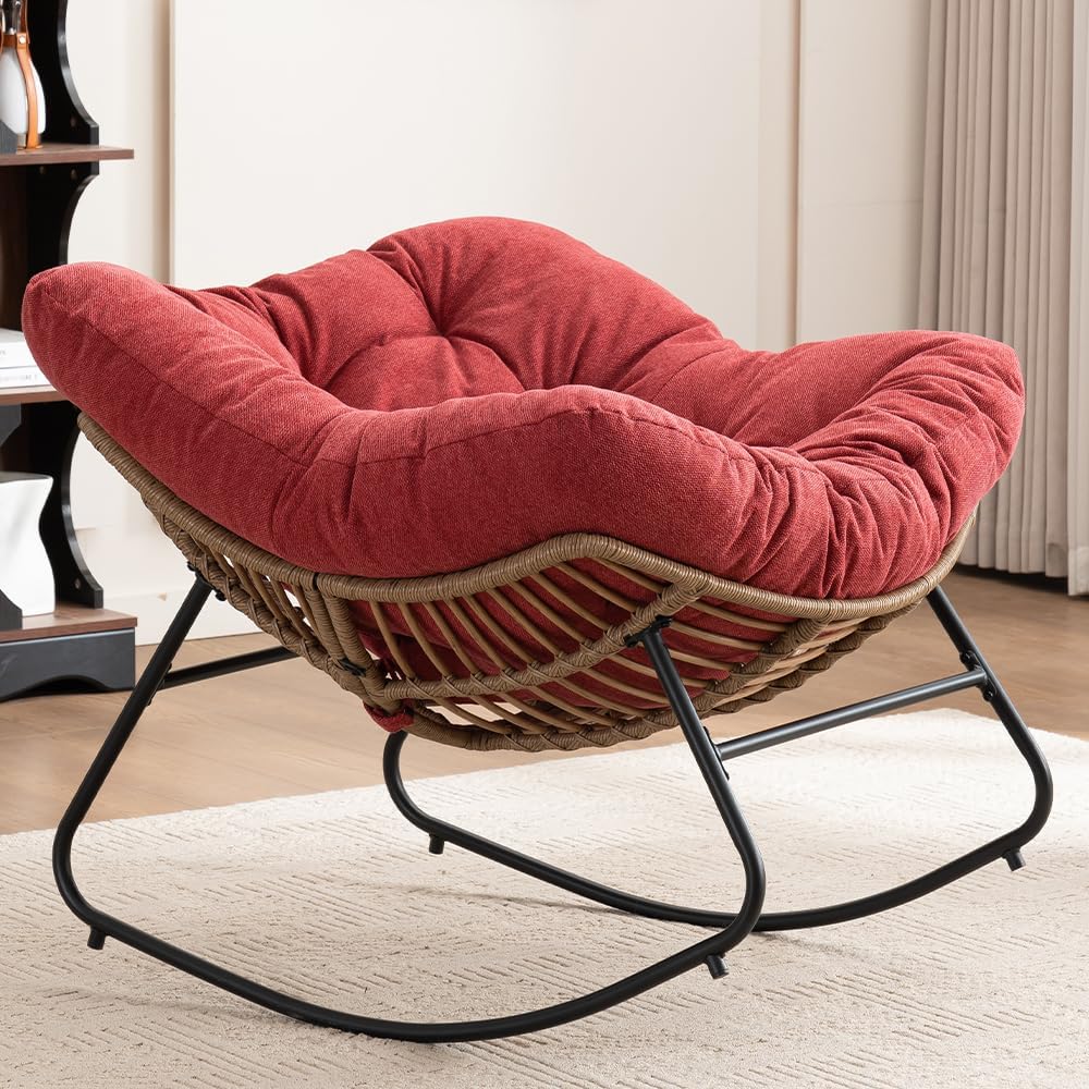 Outdoor Papasan Chair, Oversized Rocking Chair with Cushion and Metal Frame, Patio Lounge Rocking Chair for Balcony Backyard Porch Bedroom Living Room (Red)