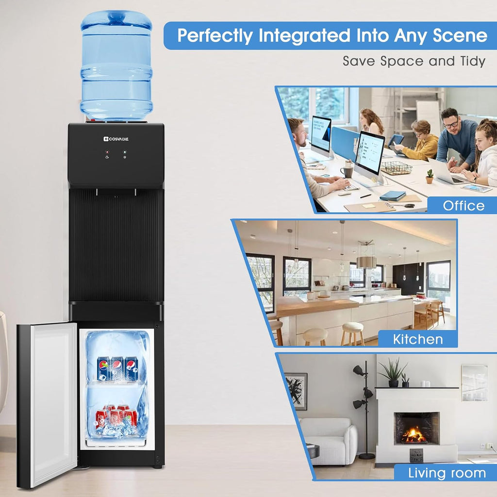 COSVALVE Water Cooler Dispenser, 5 Gallon Top Loading Hot/Cold Water Cooler w/Freezer Cabinet, Compression Refrigeration w/Child Safety Lock for Home Office, Apartment, Dorm