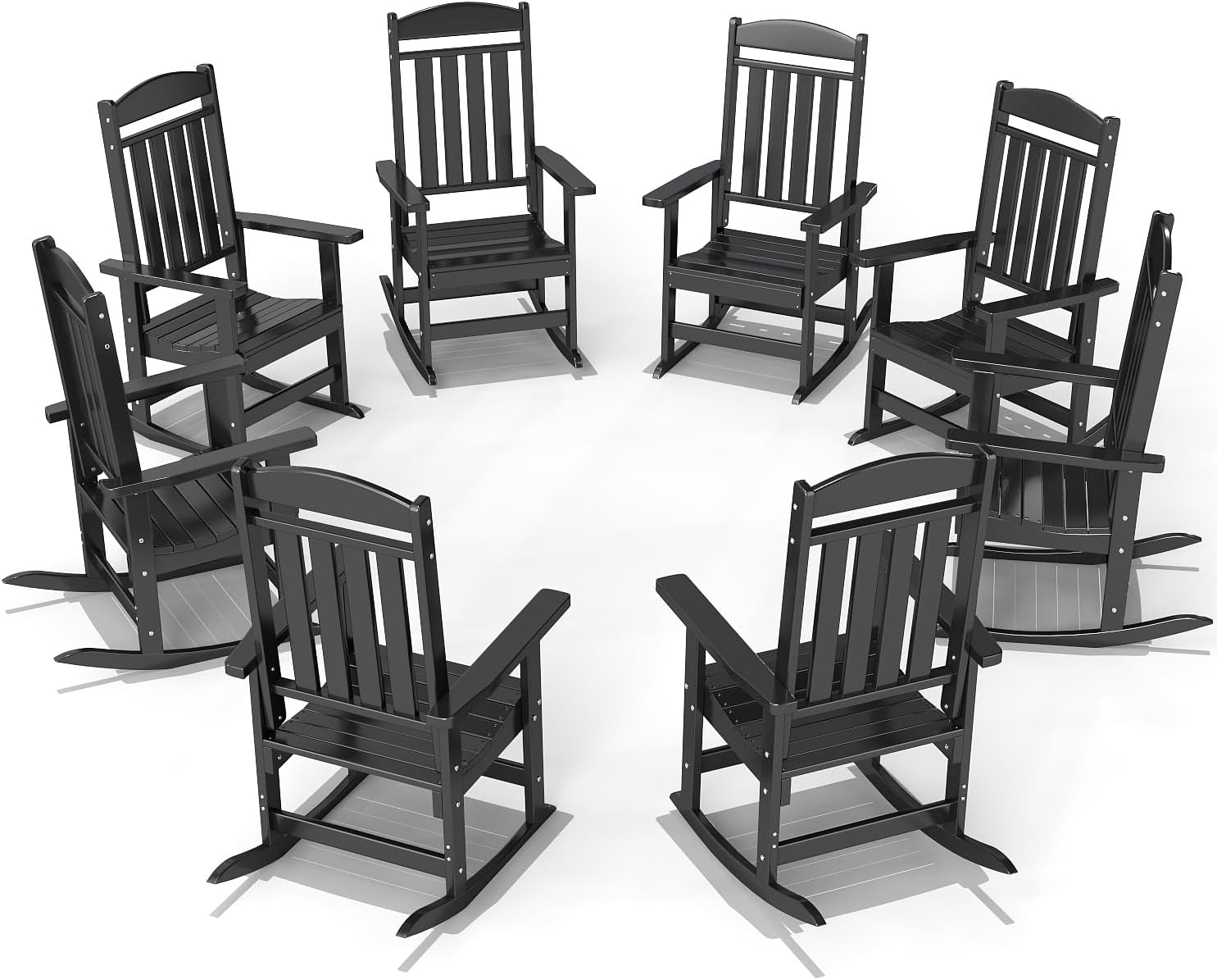 FOOWIN Outdoor Rocking Chair Set of 8, High Back Patio Rocking Chair, HDPE All Weather Resistant Porch Rocker for Adult, Oversized Rocking Chairs for Garden, Lawn, Indoor & Outdoor Use, Black