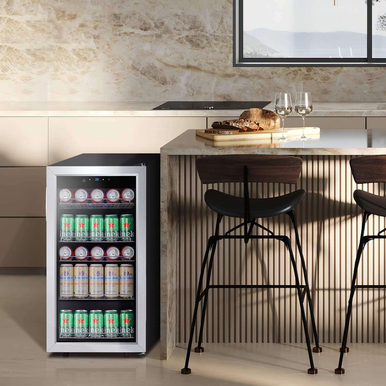 Kalamera Mini Beverage Refrigerator Freestanding- 120 Cans Capacity Beverage Cooler- for Soda, Water, Beer or Wine - for Kitchen or Bar with White Interior Light