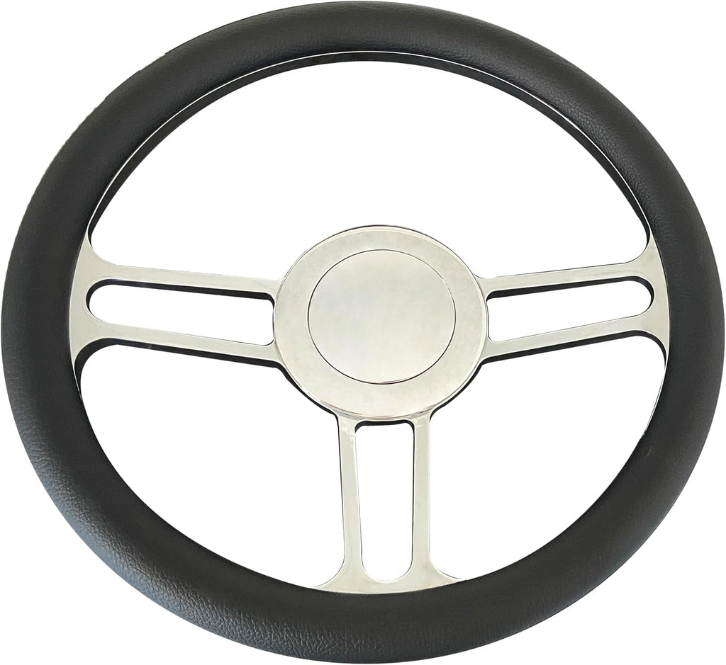 14'' x 2'' Billet Black Leather Half Wrap 9 Bolts Dish Steering Wheel with Chrome Horn Button, VINTAGE' Style Steering Wheel Fits Most 1967-94 GM Cars