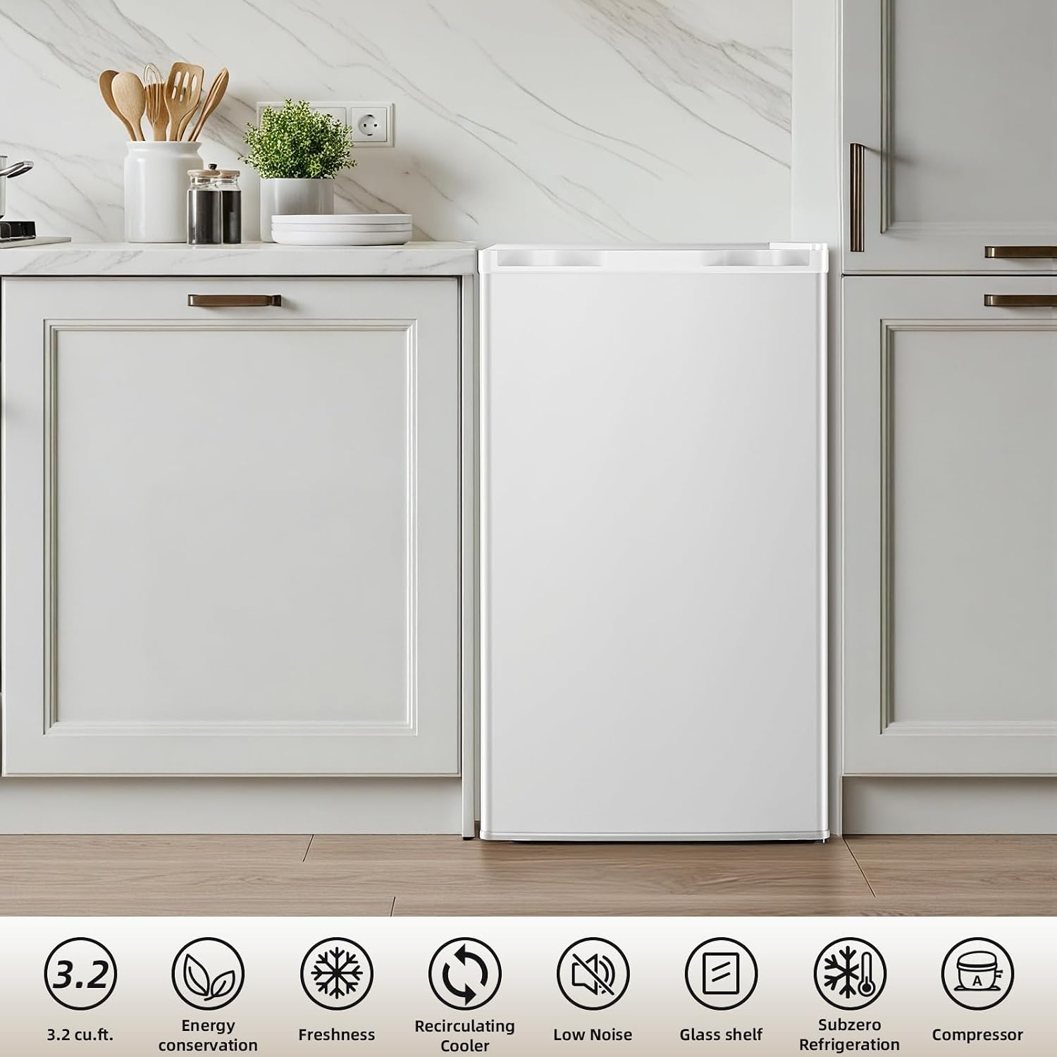 Antarctic Star 3.2 Cu.Ft.Compact Refrigerator with Freezer, Mini Fridge Single Door with Adjustable Thermostat,Removable Glass Shelves for Apartment,Dorm,Office,Kitchen，WHITE