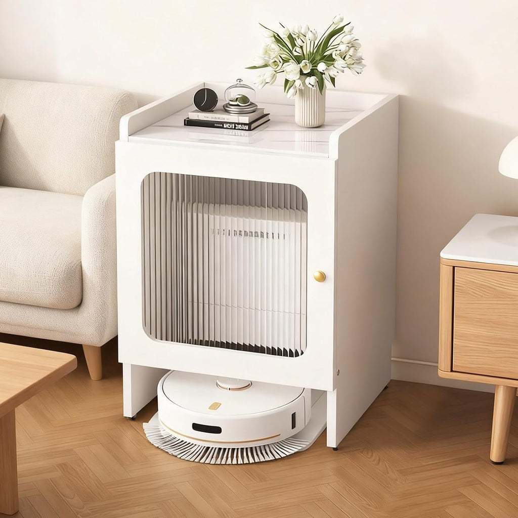 Mobile Storage Cabinet Corner Hidden Robot Vacuum Stand for Self-Emptying Robot Vacuum and Mop Storage Cabinet with Drawers Wood Accent End Table Wheels Home Living Room(White,19.6x15.7x29.5in)