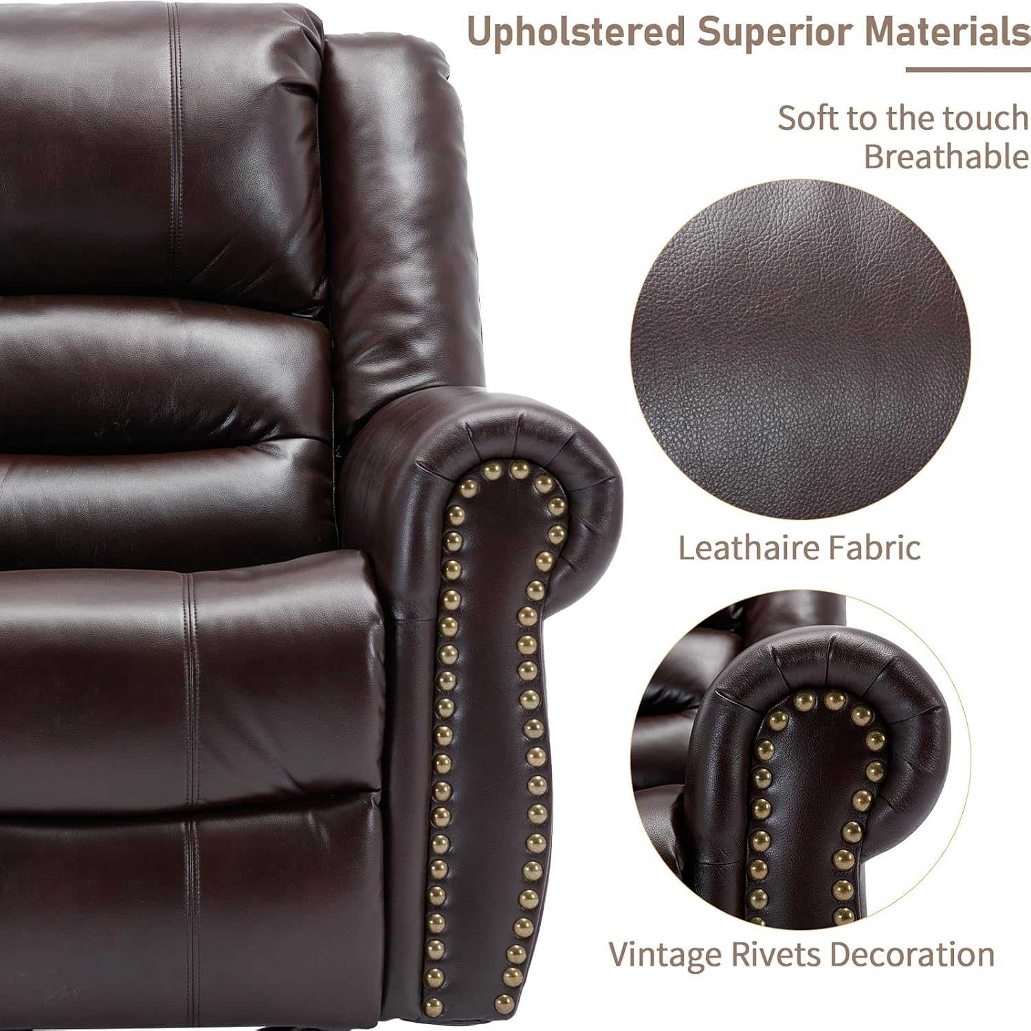 Manual Massage Swivel Rocker Recliner with Heat and Vibration, 360° Swivel Glider Rocking Recliner Chair, Classic Living Room Lounge Recliners with Side Pockets & USB Ports, Brown