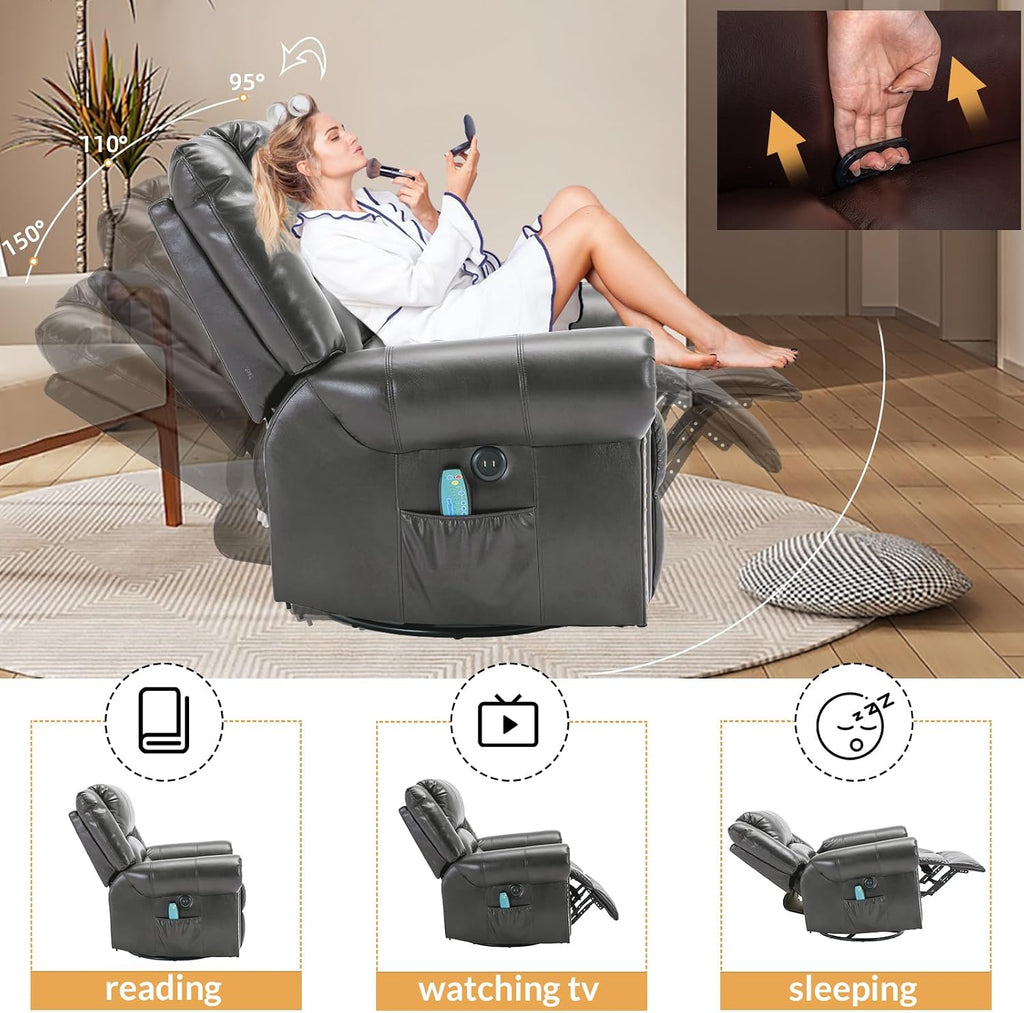 Manual Massage Recliner with Heating Function, 360° Swivel Glider Rocking Recliner Chair for Living Room, Ergonomic Single Sofa Chair with Remote Control/USB Ports/Side Pockets(Gray)
