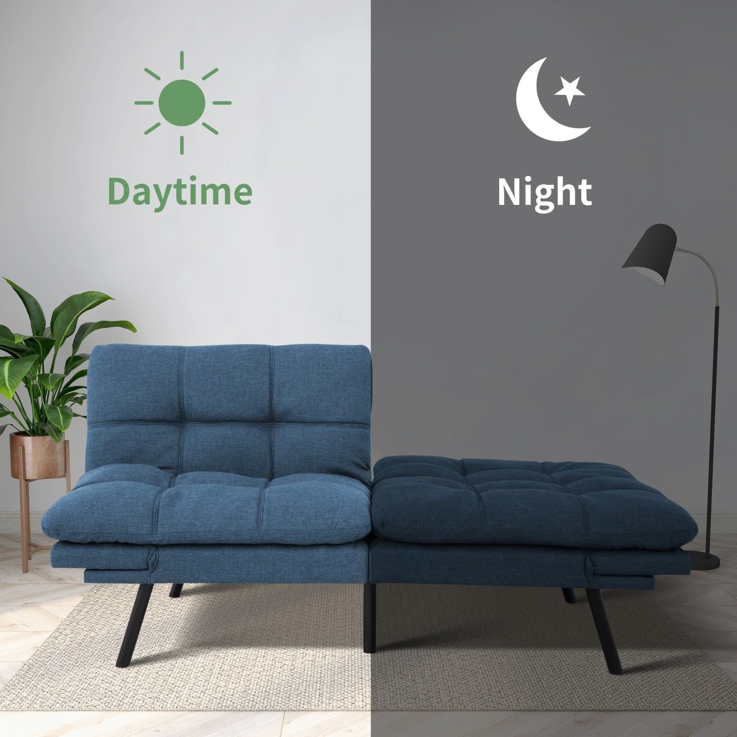 MUUEGM 71-Inch Futon Sofa Bed, Convertible Loveseat Sleeper | Modern Blue Linen Fabric | Adjustable Couch for Living Room & Small Spaces