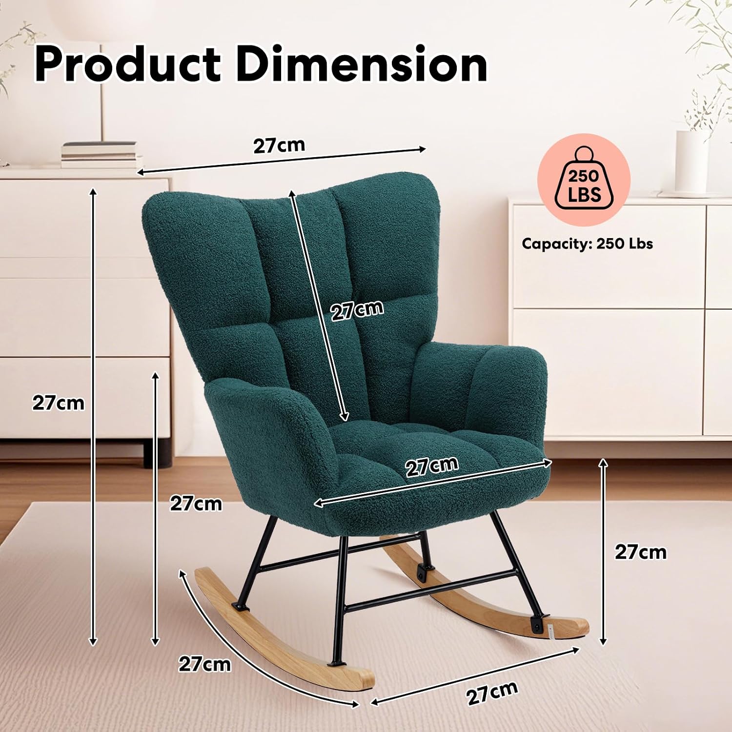 YSSOA Rocking Chair Nursery Teddy - Upholstered Comfy Glider Rocker with High Back Armchair, Cozy Reading Recliner Fluffy Comfortable Chair for Bedroom, Baby Room, Living Room and Study, Green