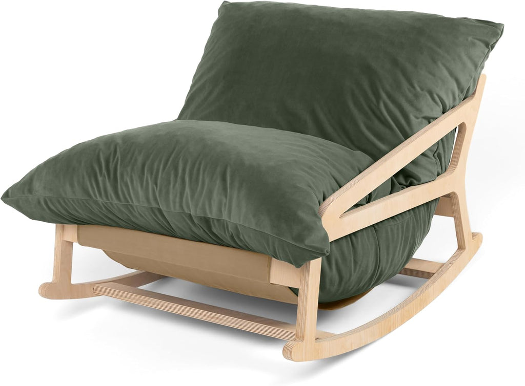 Pillow Saxx Bean Bag Rocking Chair - Elegant Oversized Rocker with Modern Wood Frame, Lush Velvet Green