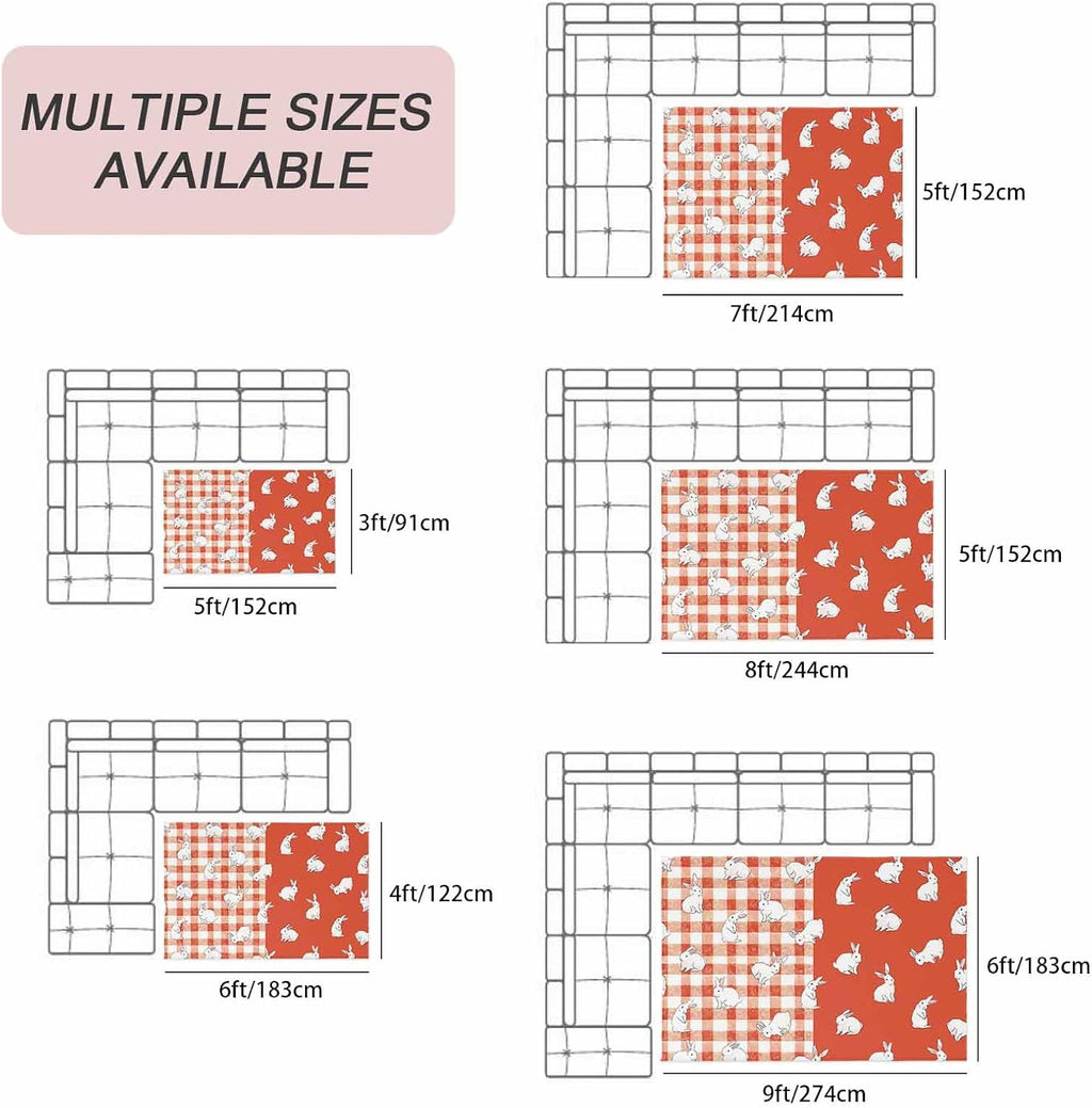 Japanese Rabbits Outdoor Rug for Patio/Deck/Porch, Non-Slip Large Area Rug 4 x 6 Ft, Vintage Orange Red Plaid Farmhouse Indoor Outdoor Rugs Washable Area Rugs, Reversible Camping Rug Carpet Runner