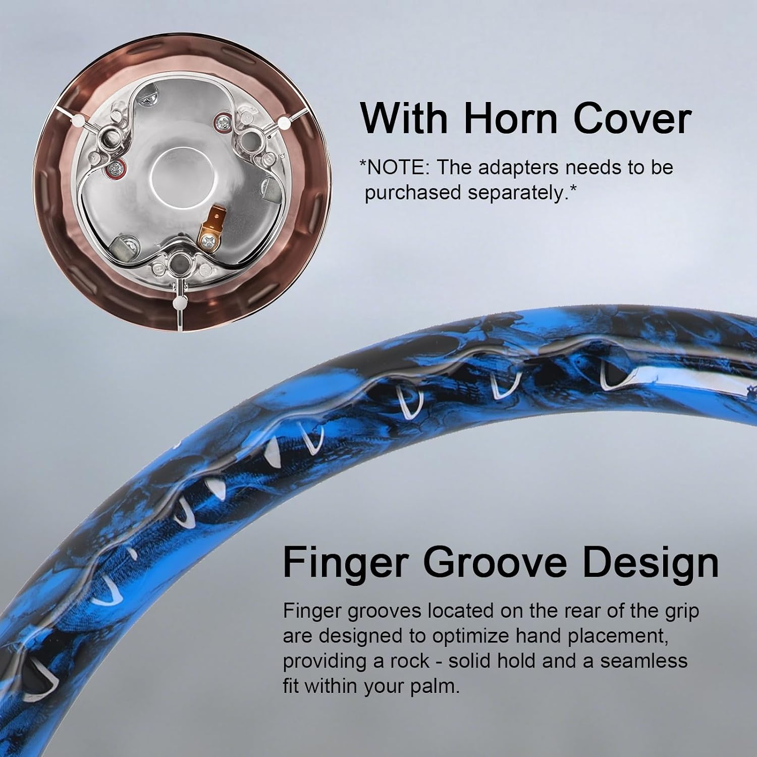 Sorghum 18' Solid Wood Steering Wheel - Hydrographic Blue Skulls 4 Spokes Aluminum Chrome Steering Wheel with Horn Button for Trucks Compatible with Mack Kenworth Peterbilt Volvo Freightliner