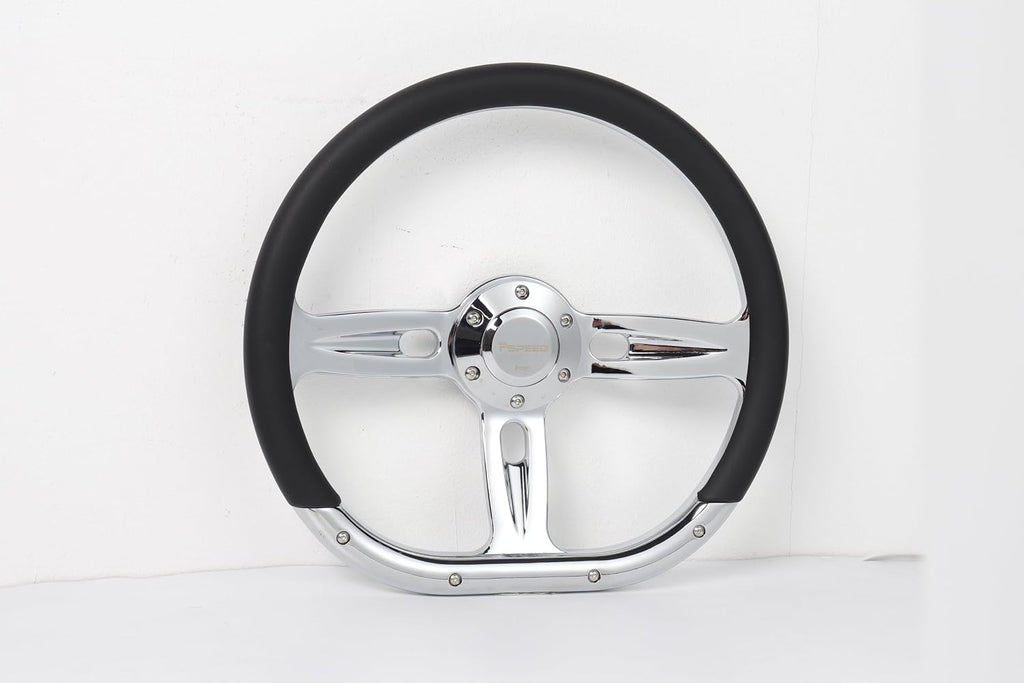 14 inch D-shaped steering wheel, 6 Bolt 3 Spokes Chrome-Plated aluminum alloy Black Microfiber Leather Grip Deep Dish 50MM with horn Fit for Cars,for Classic Car,for Vintage Car steering wheel