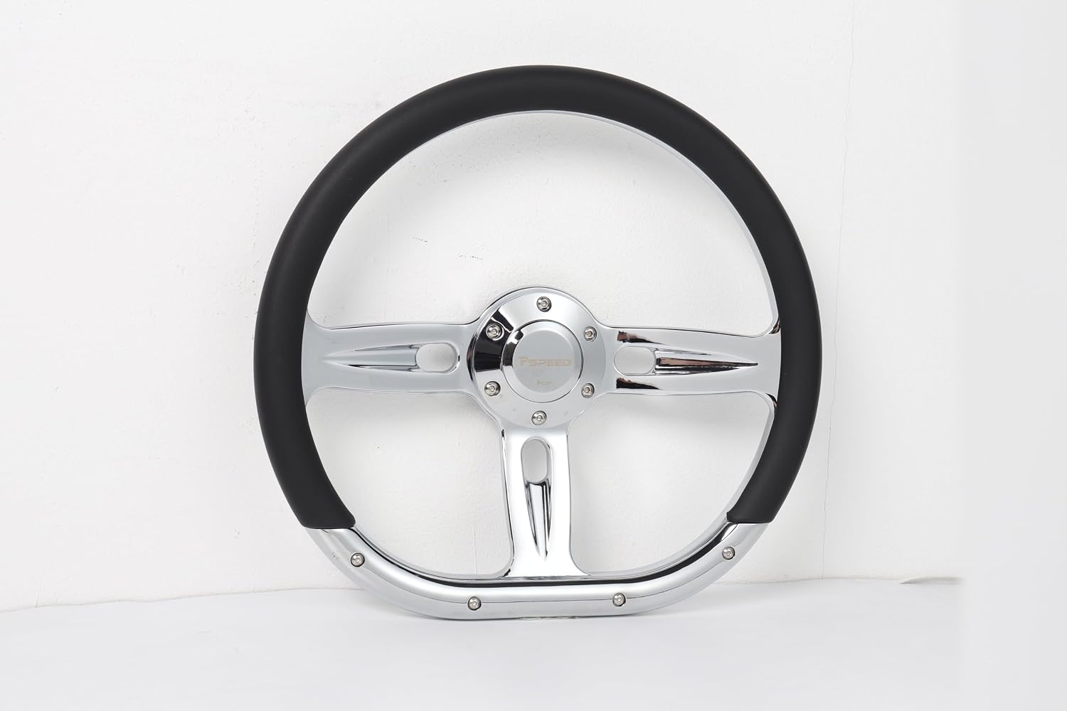 14 inch D-shaped steering wheel, 6 Bolt 3 Spokes Chrome-Plated aluminum alloy Black Microfiber Leather Grip Deep Dish 50MM with horn Fit for Cars,for Classic Car,for Vintage Car steering wheel