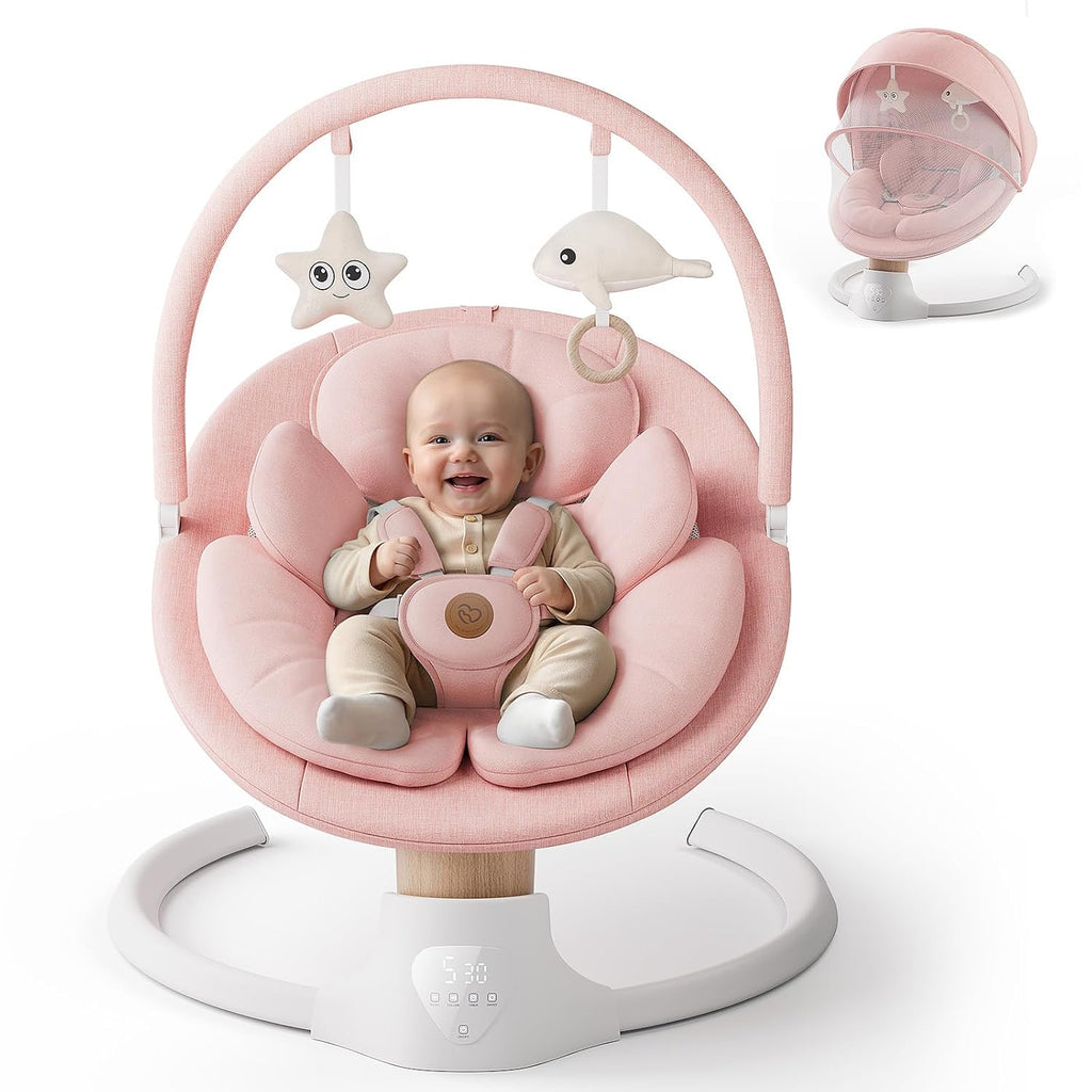 Baby Swings for Infants, FasonBaby Electric Baby Swing with 10 Preset Melodies, 5 Speeds, Remote Control and Bluetooth - Portable Infant Swing for Indoor and Outdoor(Pink)