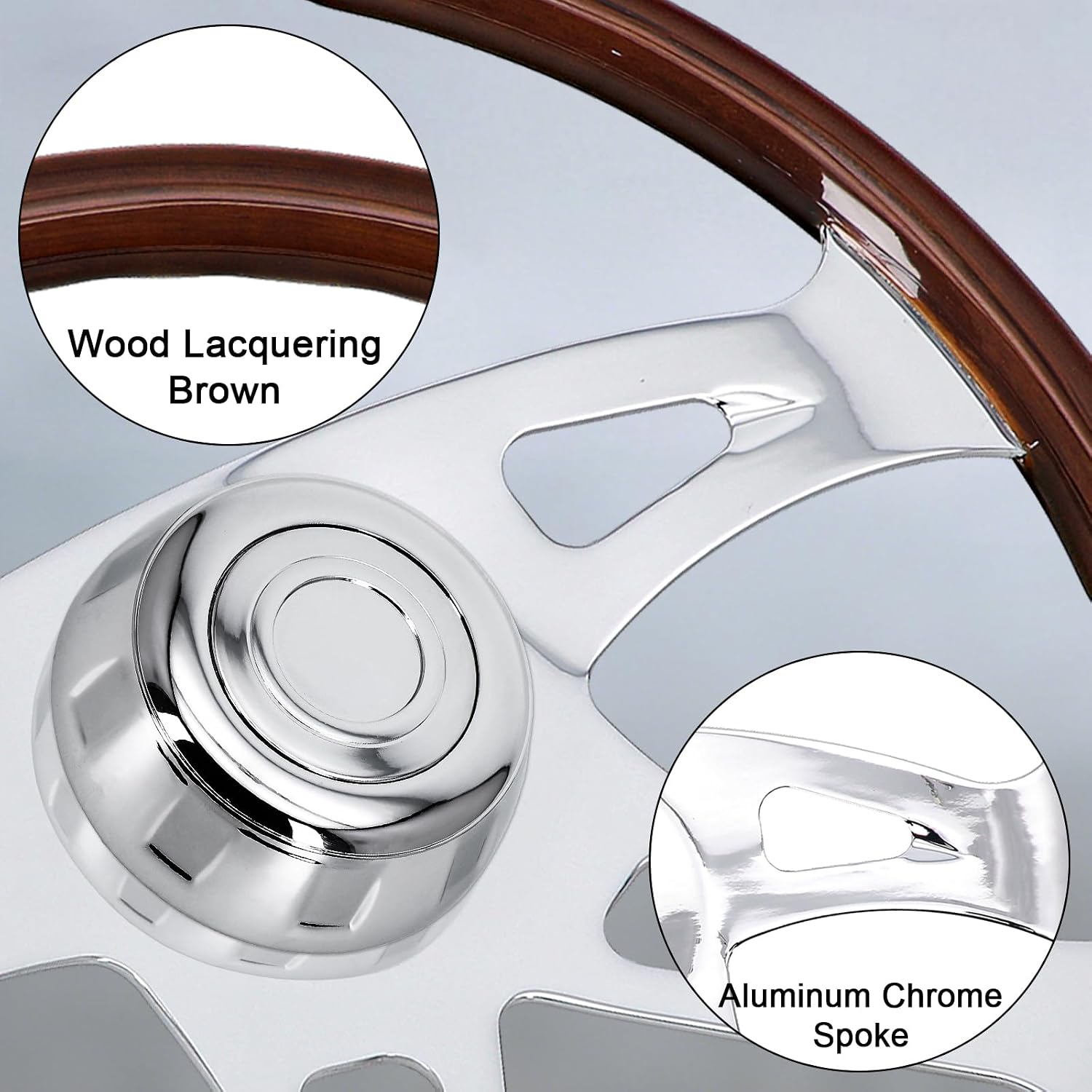 Sorghum 18' Solid Wood Steering Wheel - 4 Spokes Aluminum Chrome Classic Steering Wheel with Horn Button for Trucks Compatible with Mack Kenworth Peterbilt Volvo Freightliner-Triangle Hollow Style
