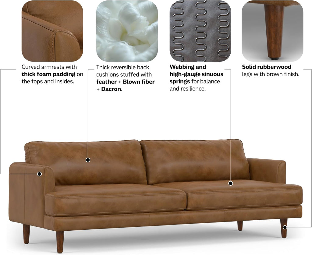 SIMPLIHOME Livingston Sofa - 90 inch Wide Top Grain Genuine Leather Sofa in Caramel Brown, Mid-Century Modern 3-Seater Couch for Living Room with Feather-Wrapped Cushions and Solid Wood Frame
