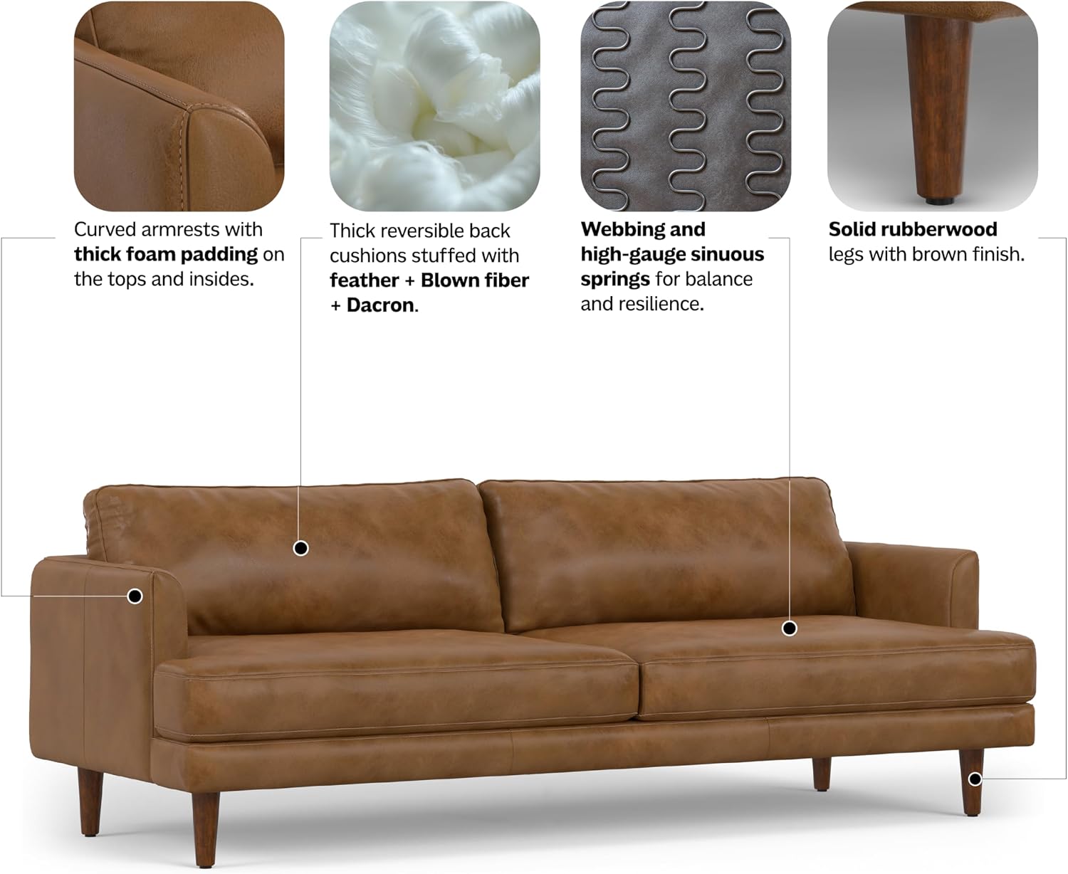 SIMPLIHOME Livingston Sofa - 90 inch Wide Top Grain Genuine Leather Sofa in Caramel Brown, Mid-Century Modern 3-Seater Couch for Living Room with Feather-Wrapped Cushions and Solid Wood Frame