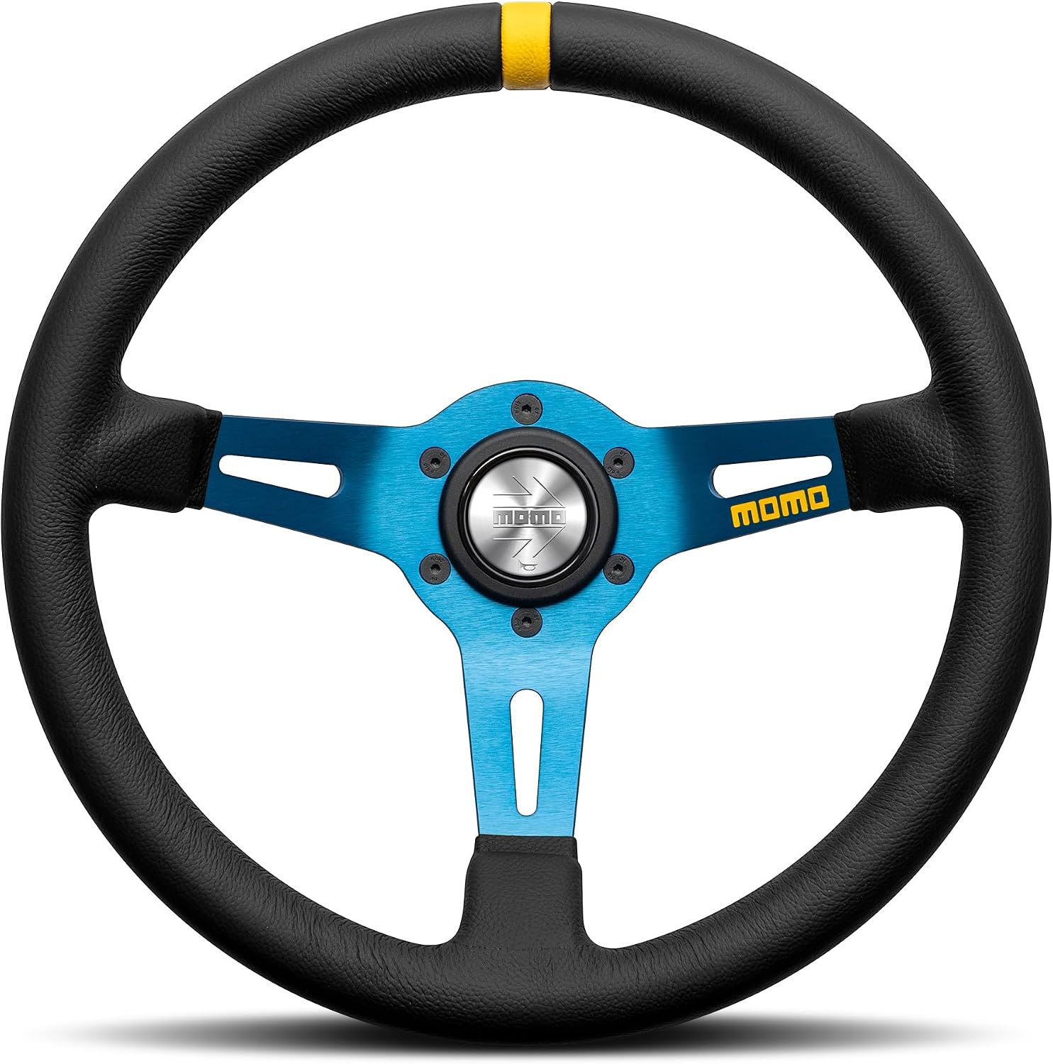 MOMO Mod.08 Leather Steering Wheel - Black Leather, Blue Spokes, Dished, Racing, 330mm